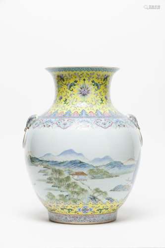 A Famille Rose yellow-ground 'Landscape' 'Hu' vase