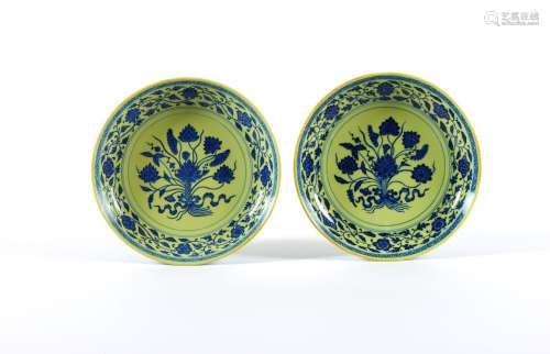 A pair of yellow and blue Ming-style 'Lotus Bouquet' dishes