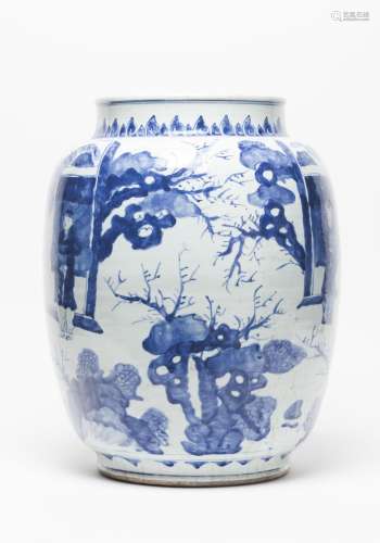 A large blue and white ovoid jar