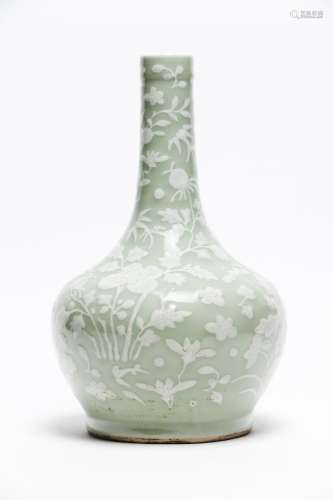 A celadon-glazed slip-decorated bottle vase