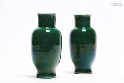A pair of smail 'apple green' crackle-glazed vases