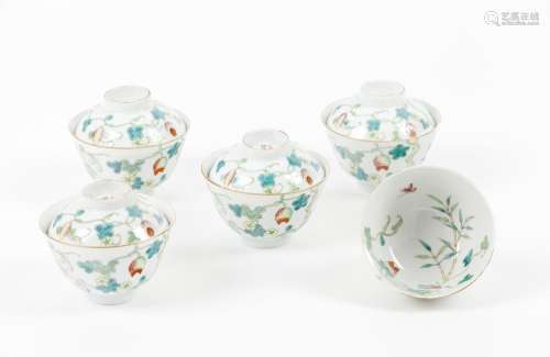 A set of five Famille Rose 'Bitter Melon' bowls and four cov...