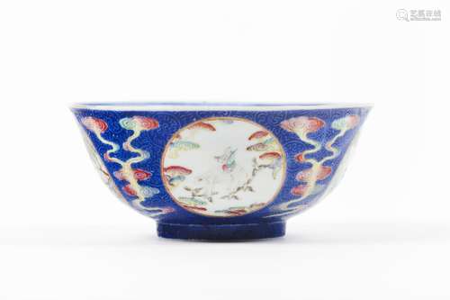 A blue-ground Famille Rose 'medallion' bowl