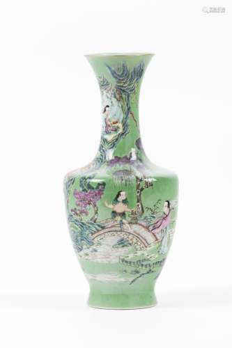 A green-ground Famille Rose enamelled 'figural' vase