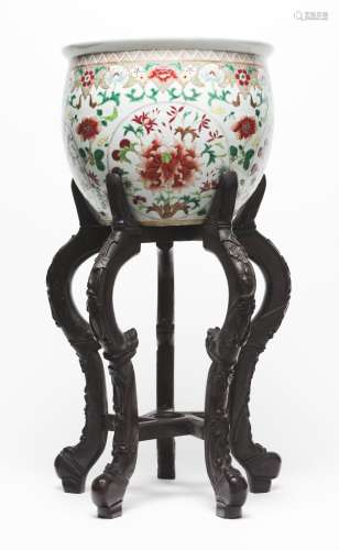 A Famille Rose Cachepot with carved wooden stand