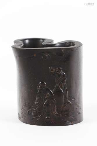 A carved hardwood brush pot, Bitong
