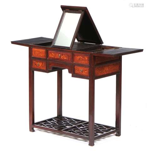 A Chinese hardwood and burlwood desk with vanity top