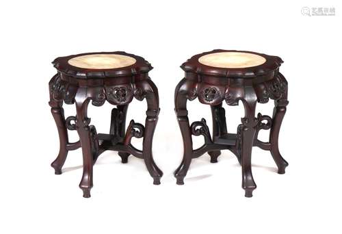 A pair of marble-inset hardwood stands