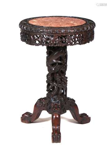 A Chinese hongmu and marble-inset round  table