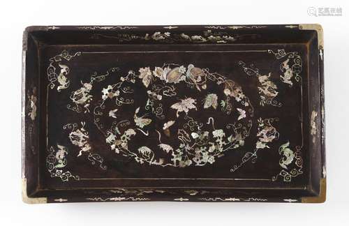 A mother-of-pearl inlay rectangular wooden tray