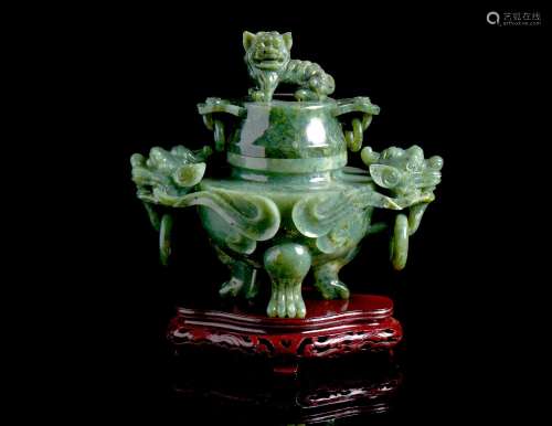 A Chinese green jadeite censer and cover