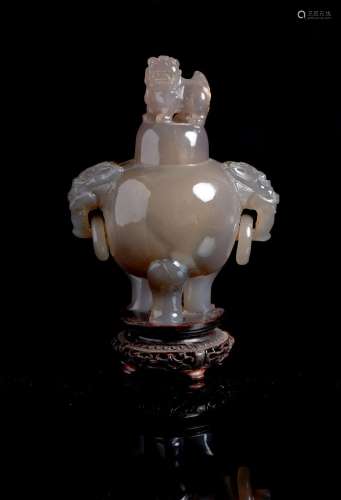 A Chinese caved agate censer and cover