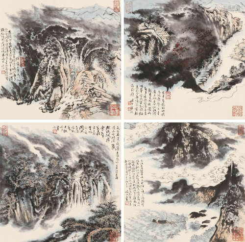 1909～1993 陆俨少 山水四屏 立轴 纸本设色