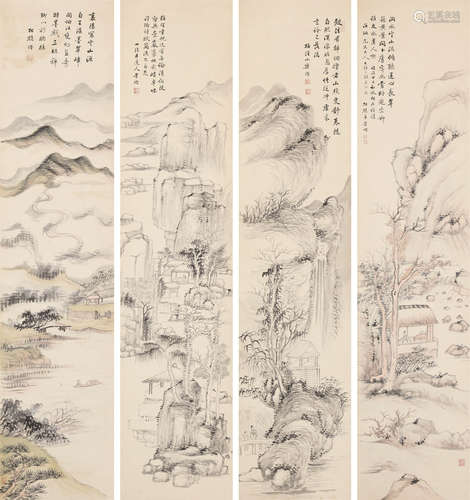 1800～1883 董耀 山水四屏 立轴 纸本设色