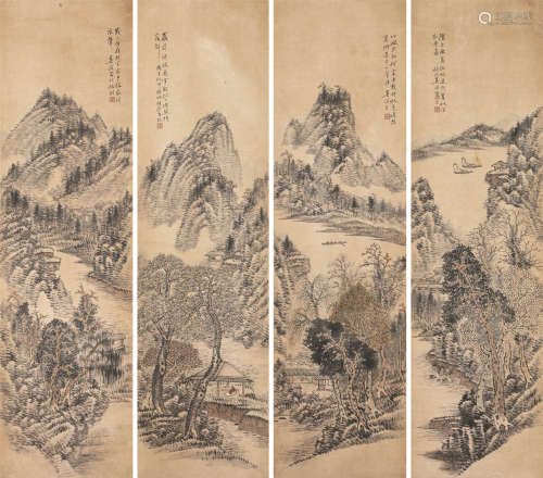 1840～1895 吴伯滔 山水四屏 镜心 纸本设色