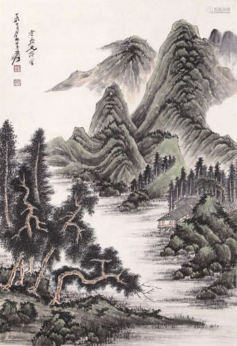 1899～1983 张大千 青绿山水 立轴 纸本设色