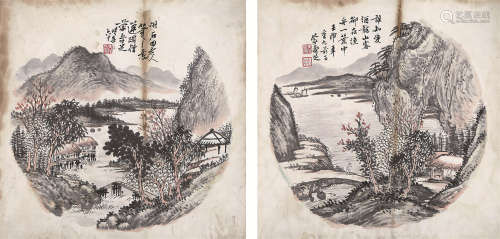 1869～1937 蒙寿芝 山水圆光二帧 镜心 纸本设色