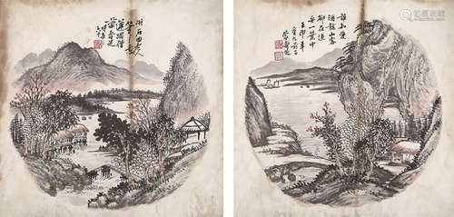 1869～1937 蒙寿芝 山水圆光二帧 镜心 纸本设色