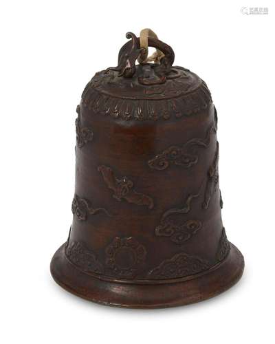 A Japanese bronze "bonsho" temple bell with bats d...