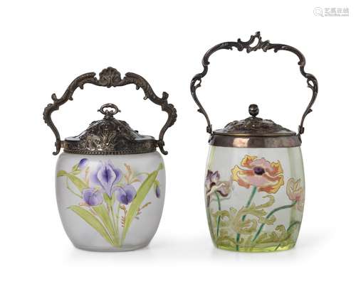 Two Victorian art glass biscuit barrels