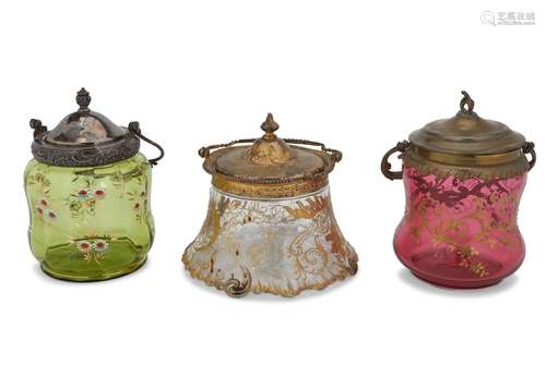 Three Victorian art glass biscuit barrels