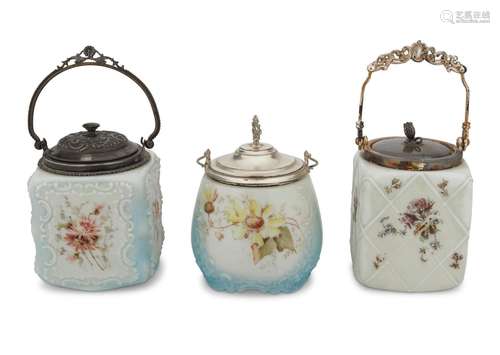 Three Victorian art glass biscuit barrels