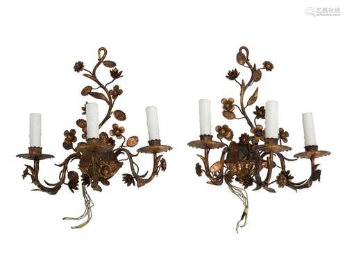 A pair of Italian gilt-metal floral wall sconces