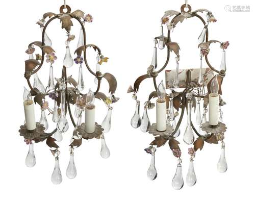 A pair of Italian gilt-metal crystal drape sconces