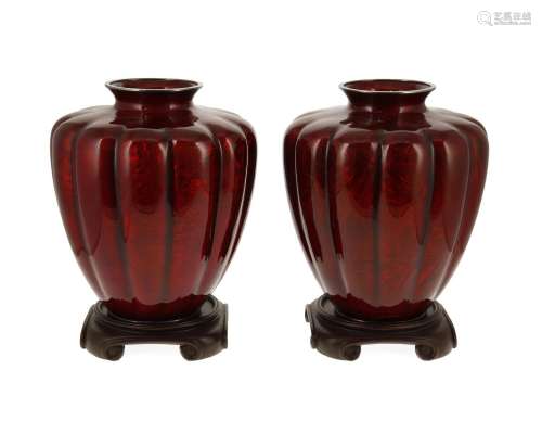 A pair of Japanese pigeon blood cloisonne vases