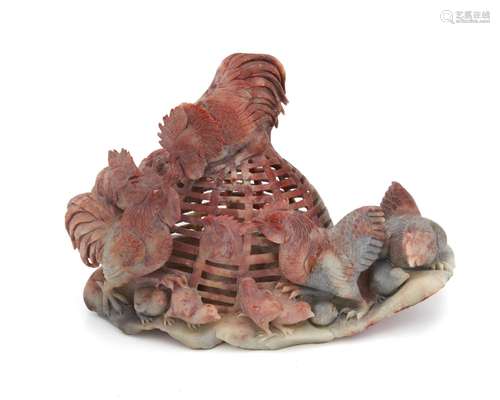 A Chinese Shoushan carved stone sculpture of chickens