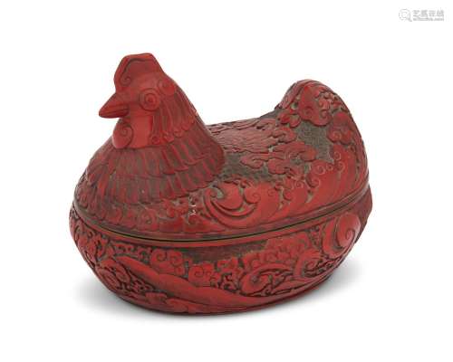 A Chinese carved cinnabar chicken box