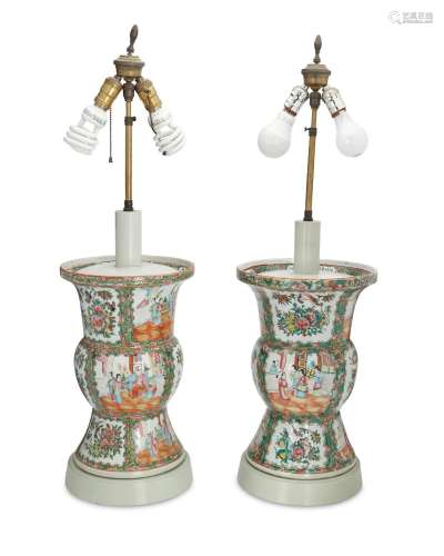 A pair of Chinese Rose Medallion porcelain lamps