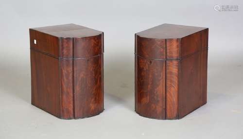 A pair of Regency figured mahogany knife boxes with shaped f...