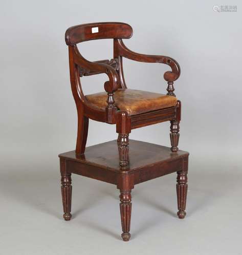 A Regency mahogany bar back child's elbow chair with brown l...