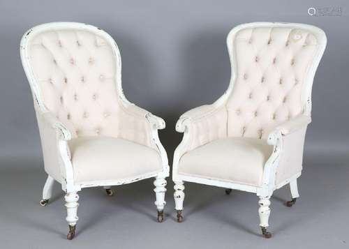 A near pair of Victorian later painted showframe armchairs, ...