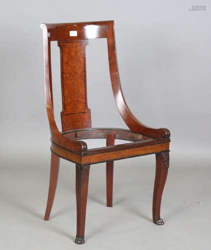 A 19th century French Empire mahogany and amboyna side chair...