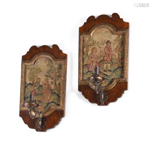 A PAIR OF GEORGE I WALNUT, PARCEL GILT AND NEEDLEWORK WALL S...