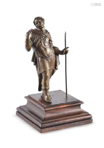 A GERMAN BRONZE FIGURE OF A MAN WIELDING A SPEAR, IN THE MAN...