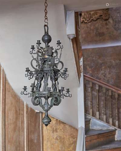 A FLEMISH BRONZE TWENTY-LIGHT CHANDELIER, 17TH CENTURY AND L...