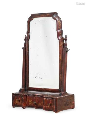 A QUEEN ANNE RED JAPANNED AND GILT DECORATED DRESSING MIRROR...