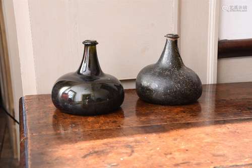 TWO SIMILAR OLIVE-GREEN TINT 'ONION' WINE BOTTLES, ENGLISH, ...