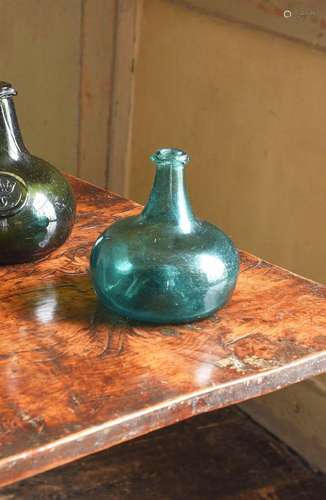 AN 'ONION' SHAPED OLIVE-GREEN TINT SEALED WINE BOTTLE, ENGLI...