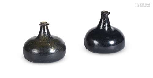 TWO OLIVE-GREEN TINT 'ONION' SHAPE WINE BOTTLES, ENGLISH, EA...