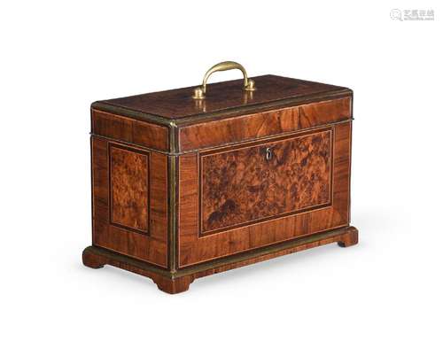 A GEORGE II WALNUT, BURR WALNUT AND BRASS STRUNG TEA CADDY, ...