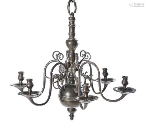 A DUTCH BRONZE SIX LIGHT CHANDELIER, 17TH CENTURY