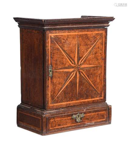 A GEORGE II OAK, BURR OAK AND INLAID SPICE CUPBOARD OR TABLE...