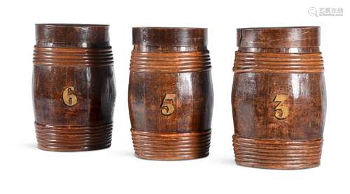 A SET OF THREE PAINTED AND STAINED OAK DISPLAY BARRELS, 19TH...