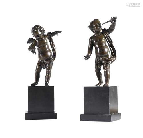 A PAIR OF BRONZE CHERUBS EMBLEMATIC OF ASTRONOMY AND ARCHITE...