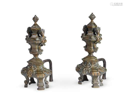 A PAIR OF FRENCH BRONZE ANDIRONS POSSIBLY REGENCE EARLY 18TH...