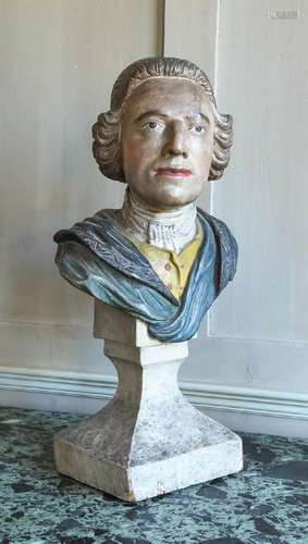 A RARE EARLY GEORGE III CARVED AND PAINTED PORTRAIT BUST OF ...